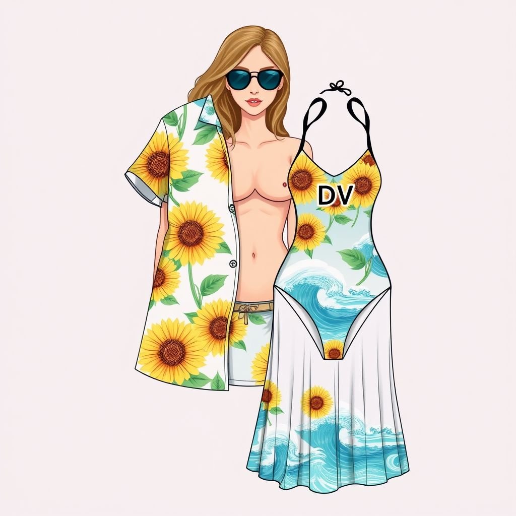 Women's All Over whole shirt and Swimsuit Set, Casual Fashion Chic Swim One-Pieces & Swim long Skirt Two-Piece Swimsuit For Beach Holiday Vacation, Ladies Swimwear For All Seasons. Put “DV” on it somewhere
Create a women's casual fashion set featuring a chic all-over print shirt paired with a stylish one-piece swimsuit. Emphasize comfort with a flowing long skirt as a two-piece option. Incorporate playful summer motifs like sunflowers or ocean waves, and subtly place the initials "DV" as a trendy accent. Perfect for beach holidays!