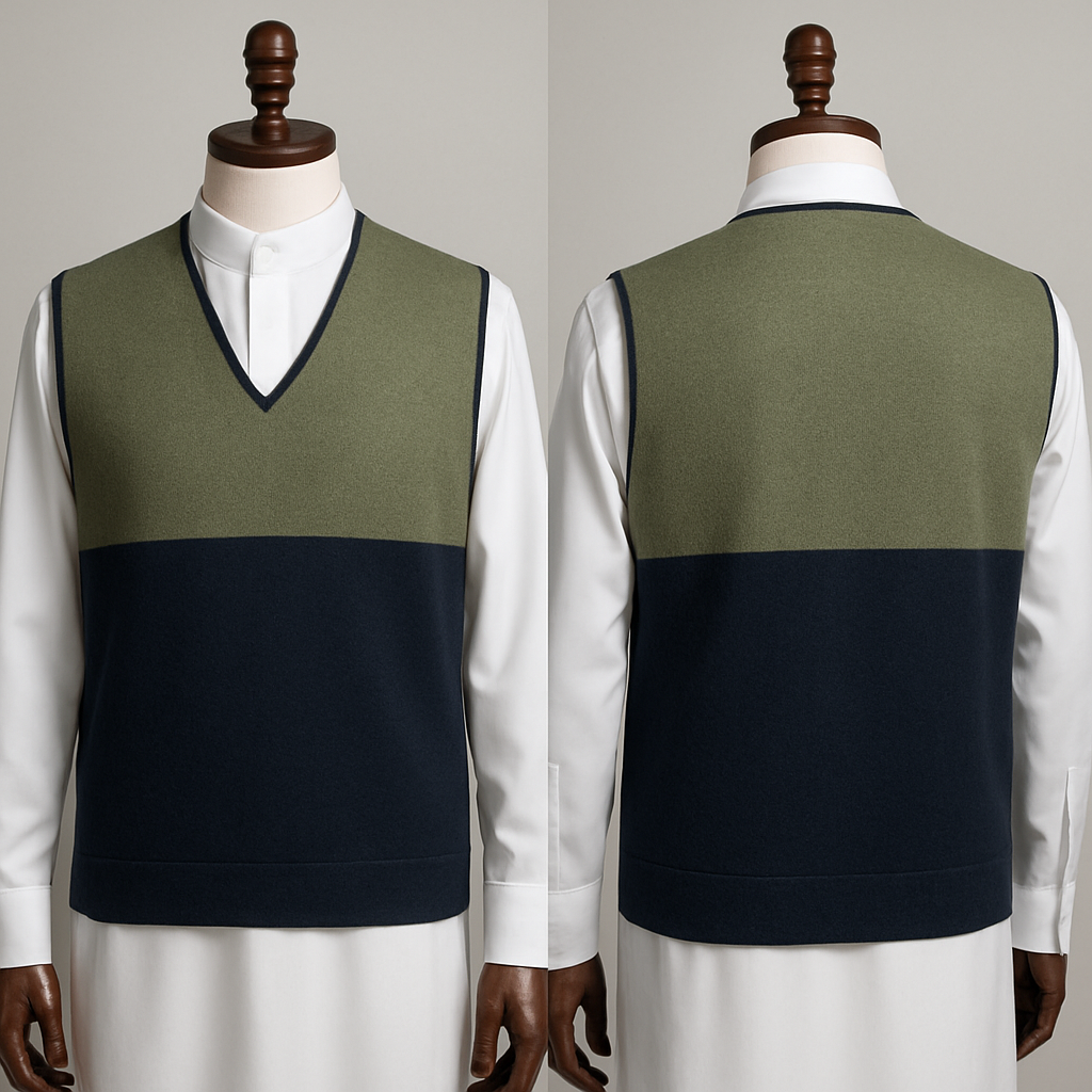 Prompt 5 — Contrast Edge (Olive Sage / Navy)
Photorealistic two-tone cashmere vest with a slim contrasting piped edge, V-neck and straight shoulder line; top Olive Sage and bottom Deep Navy, clean mid-chest color break; minimal external pockets, one internal pocket, subtle geometric jacquard at seam as a cultural hint; layered over a crisp white Saudi thobe beneath; displayed on a premium wooden mannequin; studio lighting focused to show texture and color depth.
Prompt 5 — Contrast Edge (Olive Sage / Navy)
Photorealistic two-tone cashmere vest with a slim contrasting piped edge, V-neck and straight shoulder line; top Olive Sage and bottom Deep Navy, clean mid-chest color break; minimal external pockets, one internal pocket, subtle geometric jacquard at seam as a cultural hint; layered over a crisp white Saudi thobe beneath; displayed on a premium wooden mannequin; studio lighting focused to show texture and color depth.
, show front and back