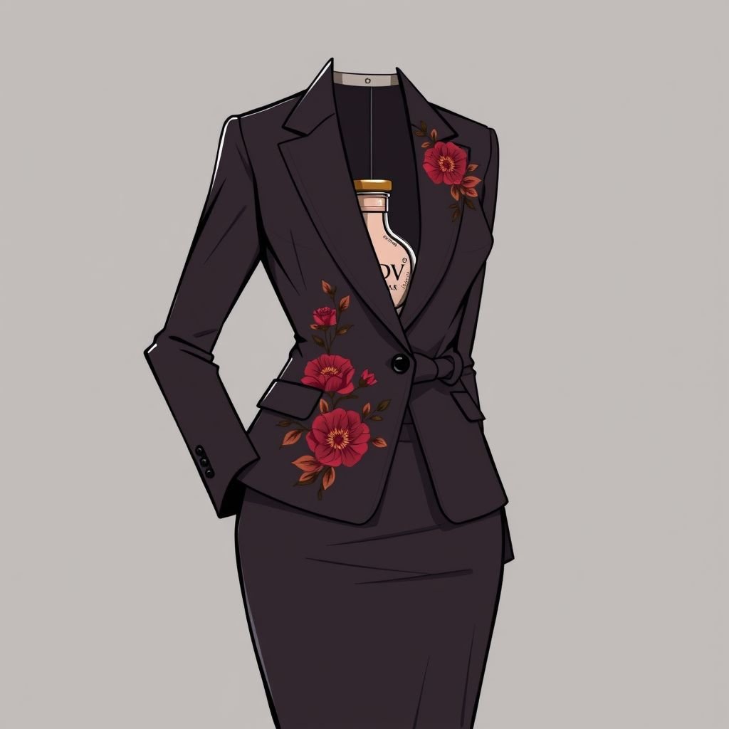 Body butter with the name “Da’Vine” on it. With DV on it. Shape the bottle as a flower
Design a sleek, elegant business attire ensemble inspired by the “Da’Vine” body butter. Incorporate a floral motif reminiscent of the bottle's shape, integrating rich, earthy tones. Create a tailored blazer with DV embroidery on the lapel and cinched waist, paired with a sophisticated pencil skirt and minimalist accessories, merging elegance and professionalism.