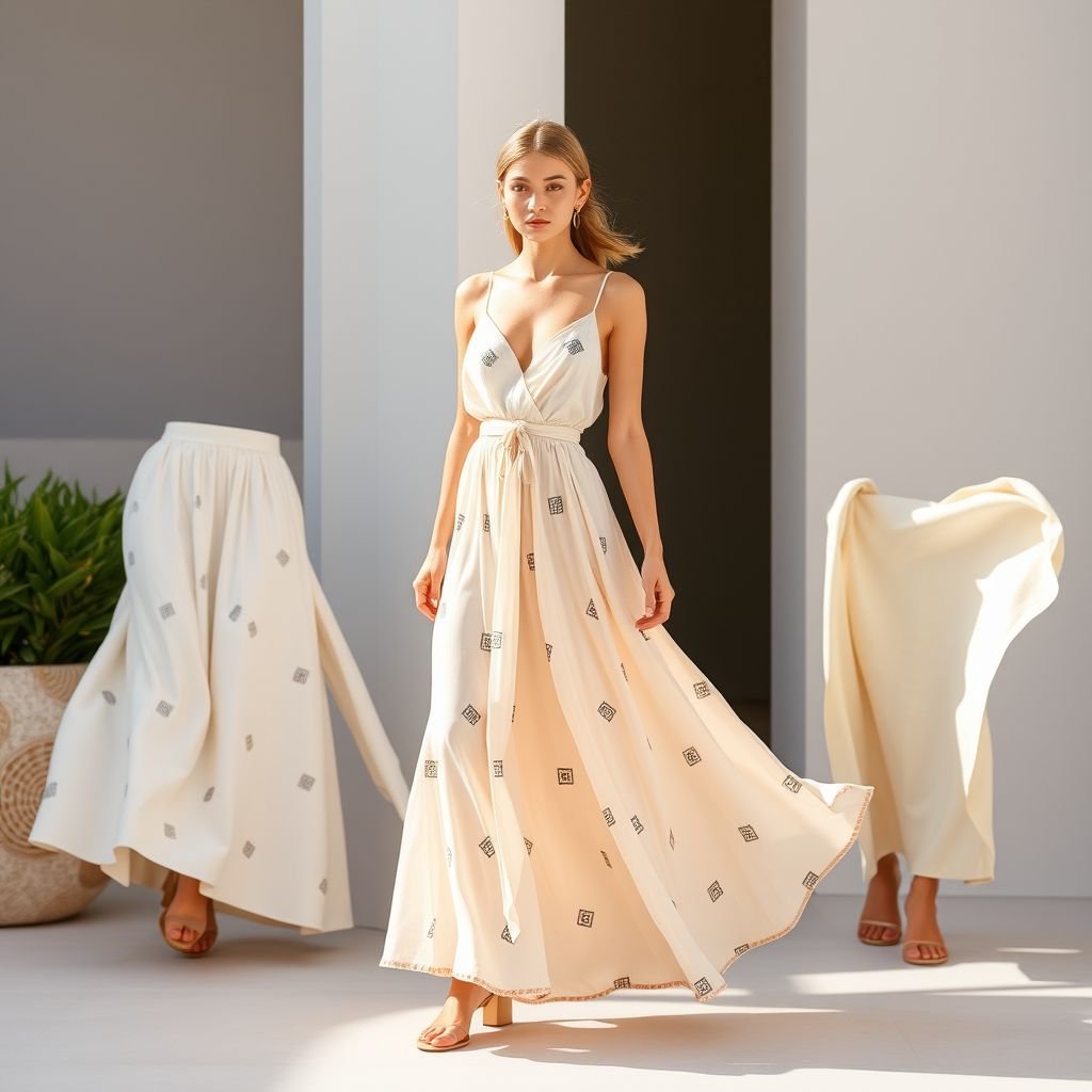 Maxi skirts women minimal pencil skirts like Greek
Design a resort wear collection featuring flowing maxi skirts in lightweight fabrics, adorned with subtle Greek-inspired patterns. Incorporate elegant minimalistic pencil skirts, perfect for seaside evenings. Use soft pastel colors and breathable textures that capture the essence of relaxed luxury, ideal for sun-soaked getaways and stylish summer escapades.
