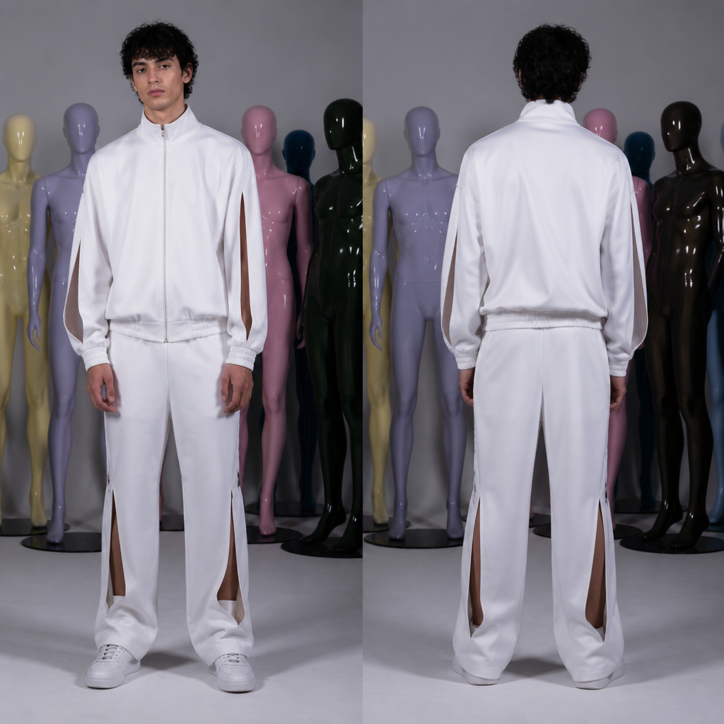 fai uno sfondo con dei manichini tutti di colori diversi tranne il bianco. poi fai un ragazzo vestito con una tuta da ginnastica bianca. capelli neri ricci. la tuta ha le zip aperte nelle maniche delle braccia e nei pantaloni nelle gambe.
photorealistic fashion design, fai uno sfondo con dei manichini tutti di colori diversi tranne il bianco. poi fai un ragazzo vestito con una tuta da ginnastica bianca. capelli neri ricci. la tuta ha le zip aperte nelle maniche delle braccia e nei pantaloni nelle gambe. , just the design no text, show front and back