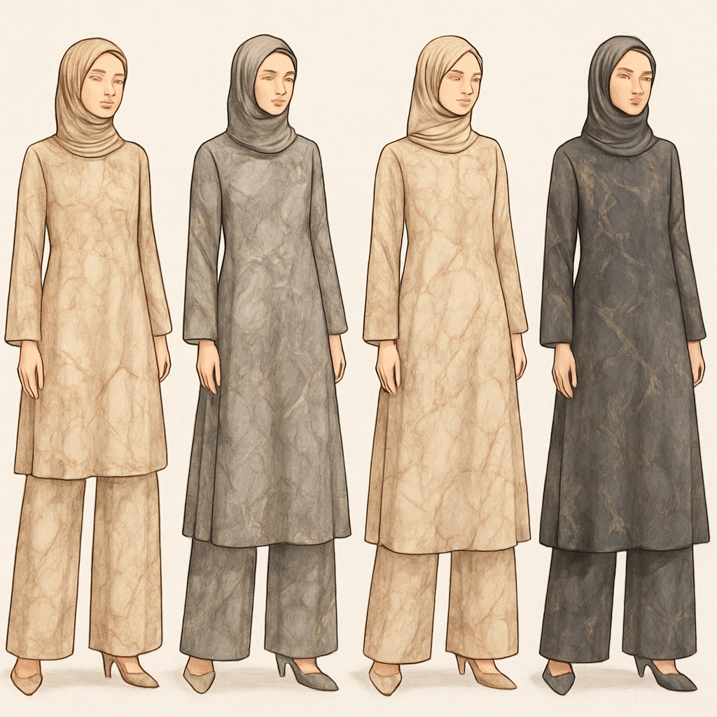 Create a modest two piece loose pant and long dress , first of its kind, featuring a unique stone design that exudes a classy and sophisticated vibe. I'd like four designs, each showcasing different styles and fabrics. Incorporate high-end, unique chic stone designs to make them truly special. Add little sophisticated stone designs. Make it irresistible!
Create a modest two piece loose pant and long dress , first of its kind, featuring a unique stone design that exudes a classy and sophisticated vibe. I'd like four designs, each showcasing different styles and fabrics. Incorporate high-end, unique chic stone designs to make them truly special. Add little sophisticated stone designs. Make it irresistible!