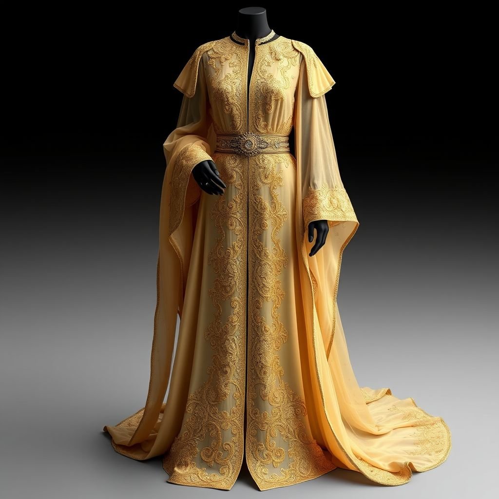 Abaya luxe
Imagine an opulent Abaya Luxe, made from cascading silk chiffon with intricate gold embroidery, blending traditional elegance and modern sophistication. The garment features voluminous sleeves and a floor-length silhouette, adorned with gemstone embellishments. A flowing train trails behind, while an intricate belt accentuates the waist, creating a regal and majestic silhouette.
