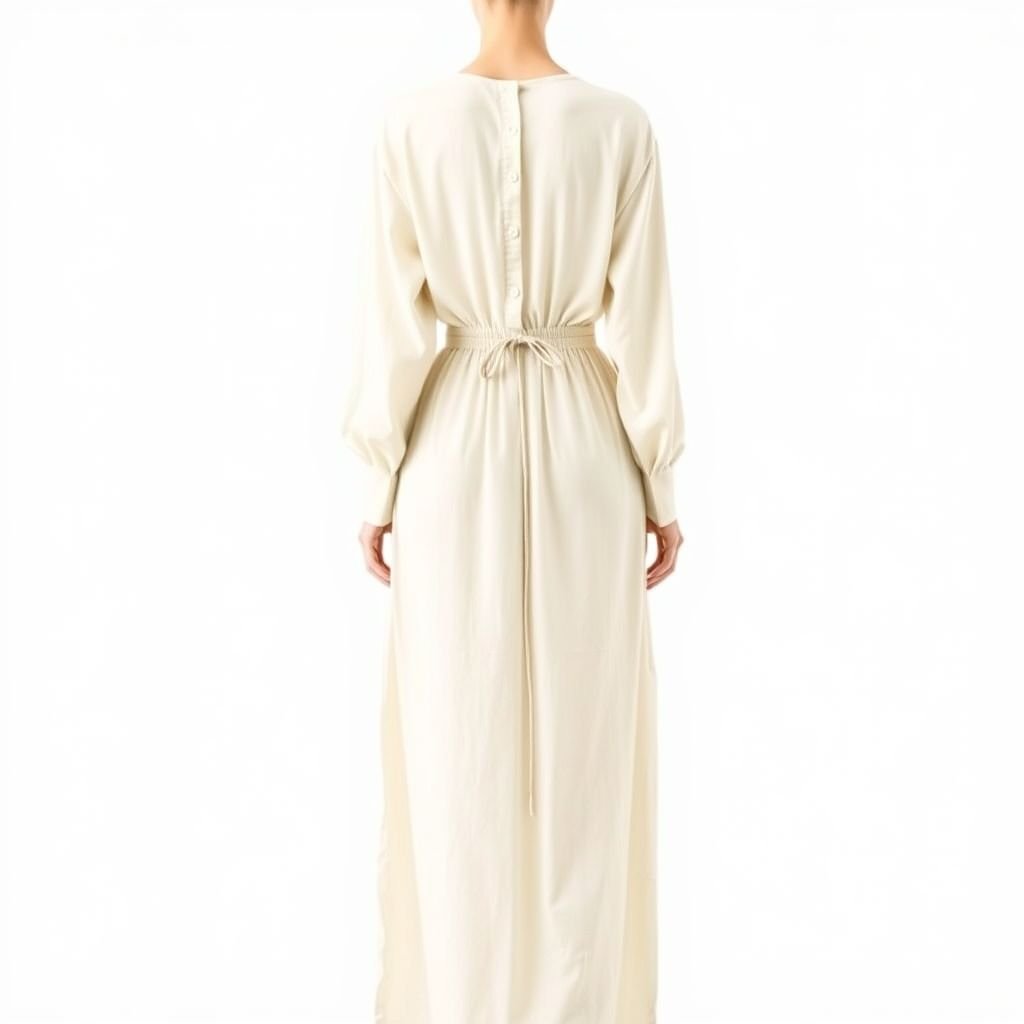 A summer dress with long sleeves ,with buttons in front all the way down in a maxi length. The back top of the dress must be shirred design so the bust area is a bit lose. The must be ties to the back so the waist will look smaller. The bottom of the dress from the waist down must be flowy . Show the front of the dress and the back
Design a minimalist summer dress in a soft, neutral palette. Features long sleeves, unembellished buttons down the front, and a maxi length. The back showcases a subtle shirred design for a relaxed bust fit, with delicate ties cinching the waist. From the waist down, the fabric flows elegantly, emphasizing simplicity and elegance.