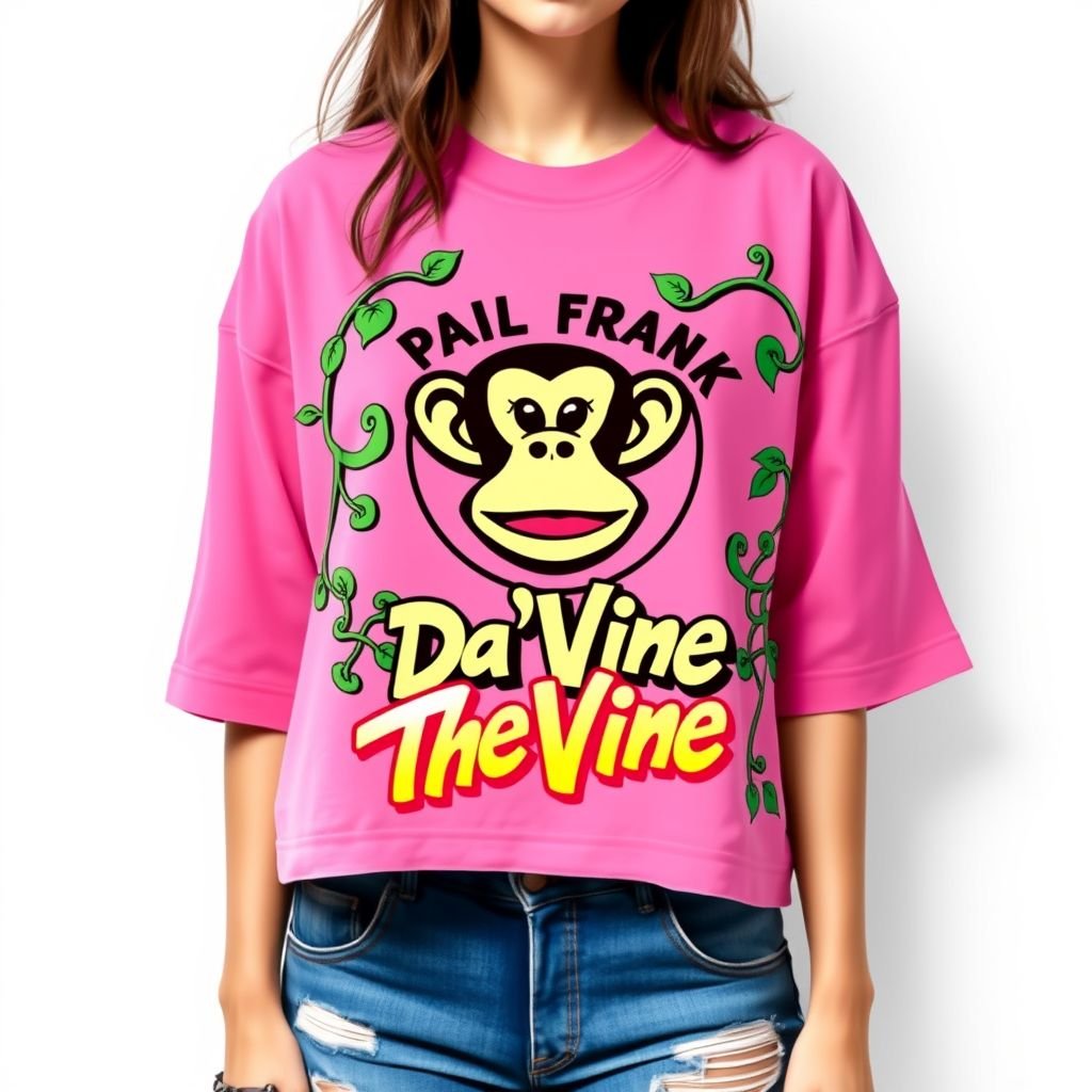 Do a collab with my brand “Da’Vine” or “DV” and “Paul frank” with the monkey symbol. Create a shirt with another long sleeve shirt under it. and create a design for the collab on it! Make it pink and white . I want it to say “Paul frank” “The Vine”… have some vines around the monkey. Make it a cropped oversized.
Design a vibrant streetwear piece combining “Da’Vine” and “Paul Frank.” Create a cropped oversized tee in playful pink and white, featuring the iconic monkey symbol framed by twisting green vines. The chest design showcases “Paul Frank” and “The Vine” in bold, graffiti-inspired lettering, exuding urban flair and casual coolness.
