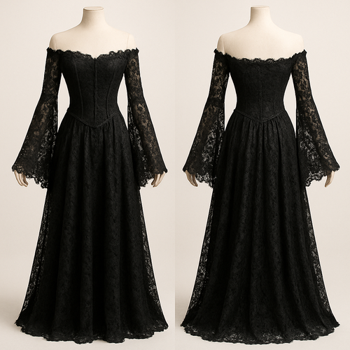 A black lace dress, corset top with off the shoulder long sleeves covering the hands as they flare out at the ends, the skirt part flows down to the feet.