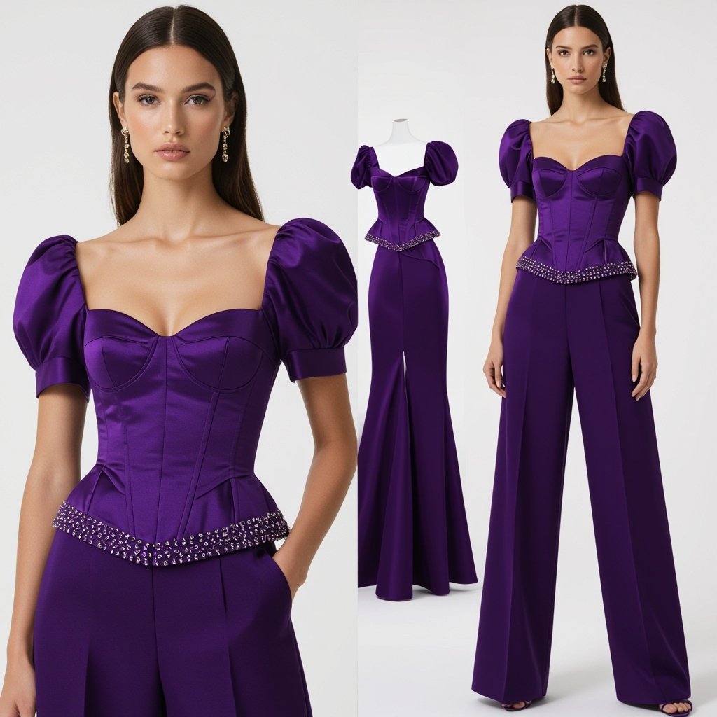 3 toned purple 3piece outfit with puff short sleeve and exaggerated oval neck line a beaded hem on the corset part which is right above the knees and the inner skirt which is straight
Purple duchess satin three-piece outfit. Corset top with puff short sleeves, exaggerated oval neckline, and beaded hem. Paired with a straight inner skirt and wide-leg trousers.