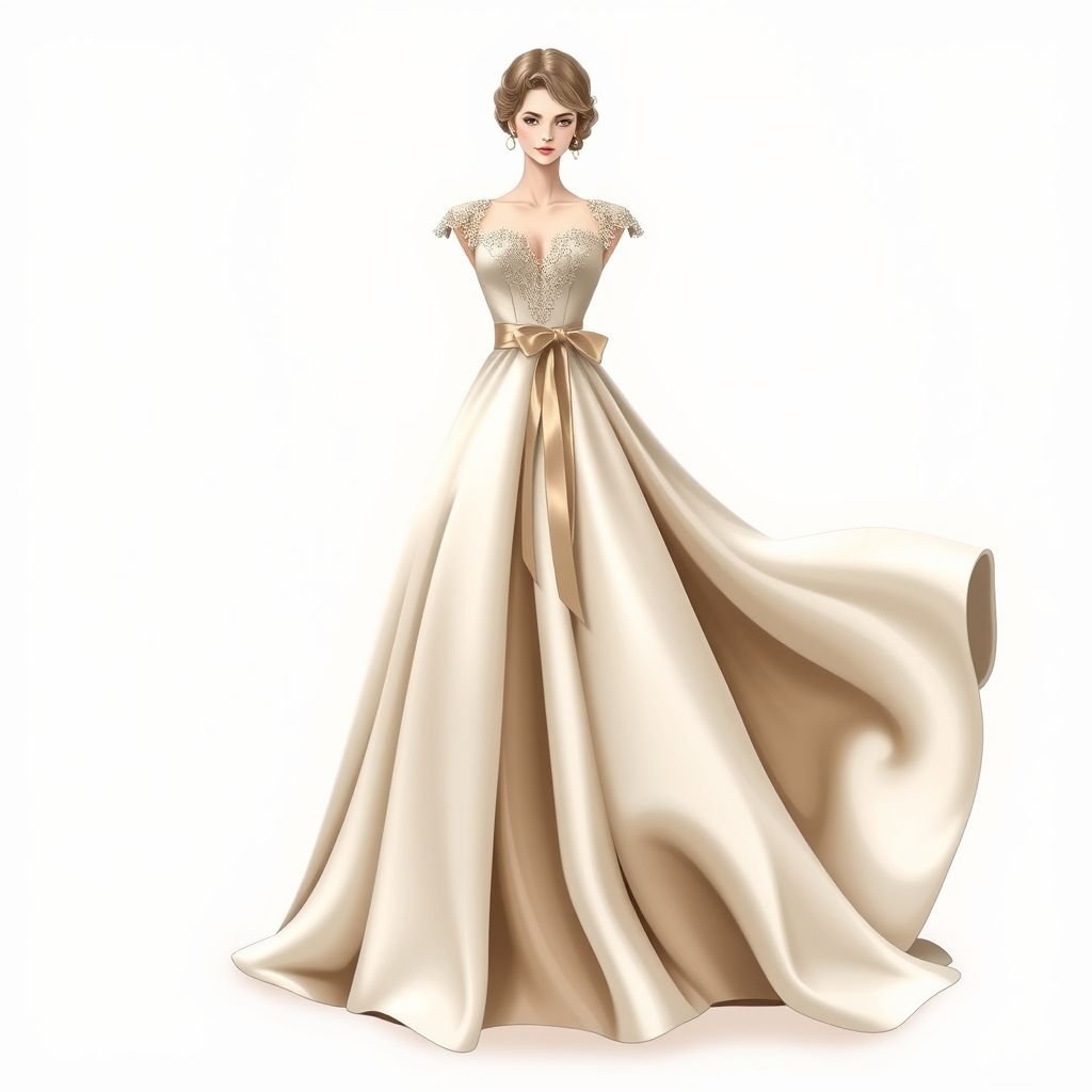 Imm
Design an elegant, floor-length evening gown featuring a fitted bodice adorned with delicate lace detailing and a timeless sweetheart neckline. The flowing skirt, crafted from luxurious silk, cascades gracefully to the floor. Incorporate vintage-inspired cap sleeves and a cinched waist with a satin ribbon, epitomizing classic sophistication and refined beauty.