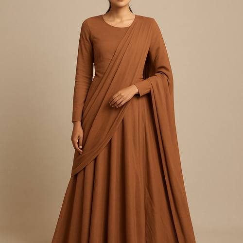 Create a model wearing half sareee plain with full sleeves and plain duppatta and also full length skirt