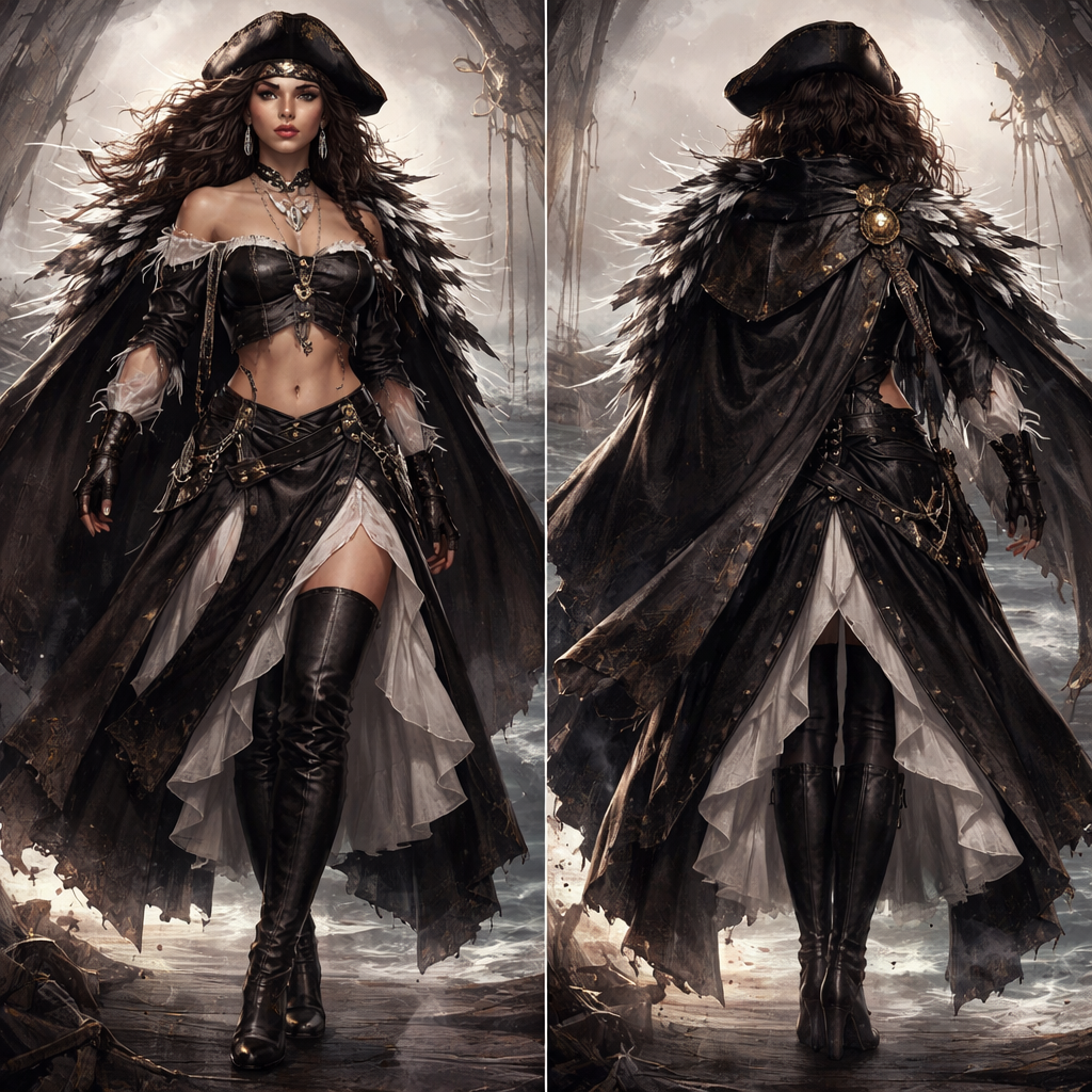 Top Clothing: Cropped, off-the-shoulder black leather blouse with frayed white canvas edges, silver eyelets, and nautical rope ties.
Bottom Clothing: Layered black broadcloth and white linen knee-length skirt with a split front and back, revealing thigh-high leather boots and sheer white petticoats.
Outerwear: Billowing tricorn cape adorned with plundered feathers.
Outfit Description: A dramatic, asymmetrical, weathered oilskin cape, pinned with a gold doubloon and rapier, lined with silver-tipped white feathers, enchanted to freeze mid-battle.
Accessories: Crystal earrings with pirate charms, a black band across the forehead, fingerless leather gloves, and a shark tooth necklace.
Overall Appearance: A blend of menace and allure, with a touch of pirate grit.
Top Clothing: Cropped, off-the-shoulder black leather blouse with frayed white canvas edges, silver eyelets, and nautical rope ties.
Bottom Clothing: Layered black broadcloth and white linen knee-length skirt with a split front and back, revealing thigh-high leather boots and sheer white petticoats.
Outerwear: Billowing tricorn cape adorned with plundered feathers.
Outfit Description: A dramatic, asymmetrical, weathered oilskin cape, pinned with a gold doubloon and rapier, lined with silver-tipped white feathers, enchanted to freeze mid-battle.
Accessories: Crystal earrings with pirate charms, a black band across the forehead, fingerless leather gloves, and a shark tooth necklace.
Overall Appearance: A blend of menace and allure, with a touch of pirate grit.
, feminincore style, show front and back