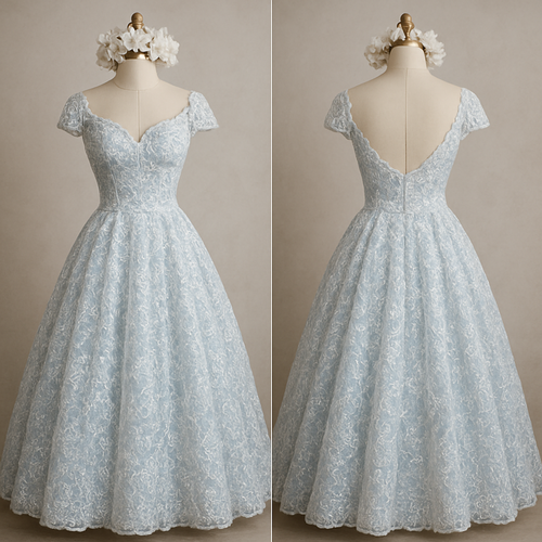 Beautiful white blue dress with lace, and lots of and a hourglass figure on a mannequin real sequence and glitter all over and then over the top headband made out flowers