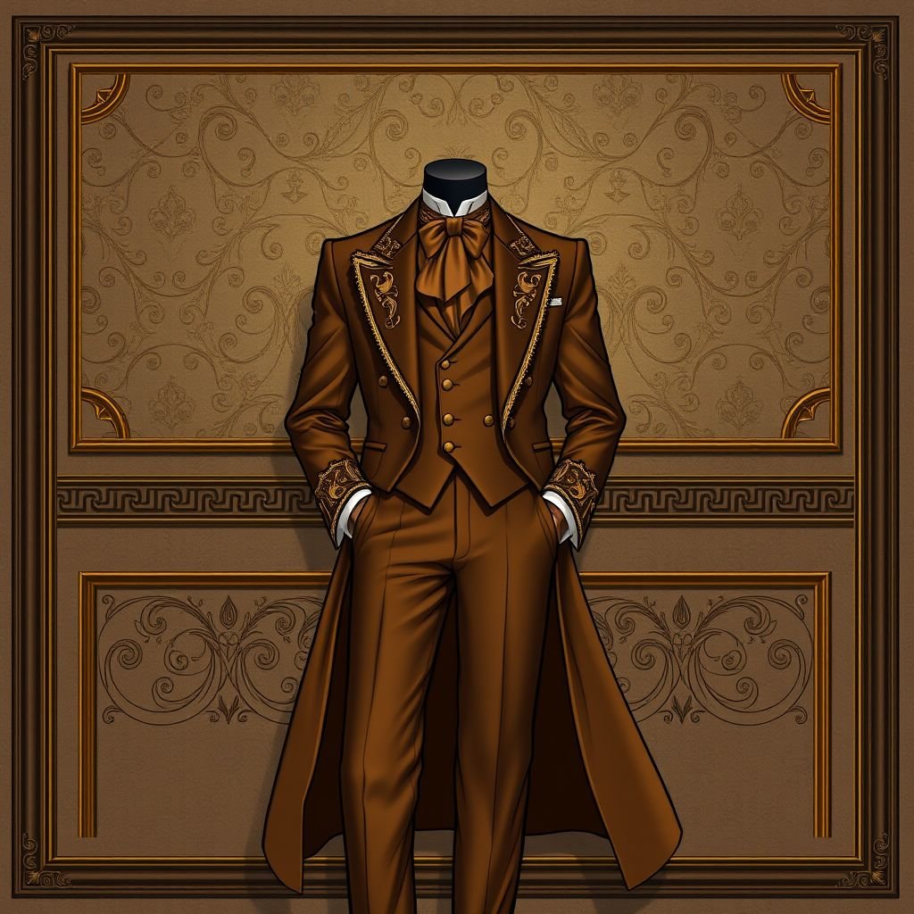 Make me uniqe Design a elegant Black Prince suit in brown gold color without a model suit only
Design a sophisticated Black Prince suit in an opulent brown-gold hue, featuring a tailored double-breasted jacket with intricate embroidery along the lapels. Add fluid, draped trousers that cascade elegantly to ankle-length, and a luxurious silk cravat. Incorporate subtle gold threading for a touch of refined glamour and timeless elegance.