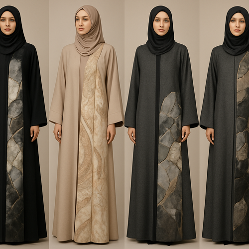 Create a modest abaya that’s the first of its kind, featuring a unique stone design that exudes a classy and sophisticated vibe. I’d like four designs, each showcasing different styles and fabrics. Incorporate high-end, unique chic stone designs to make them truly special.