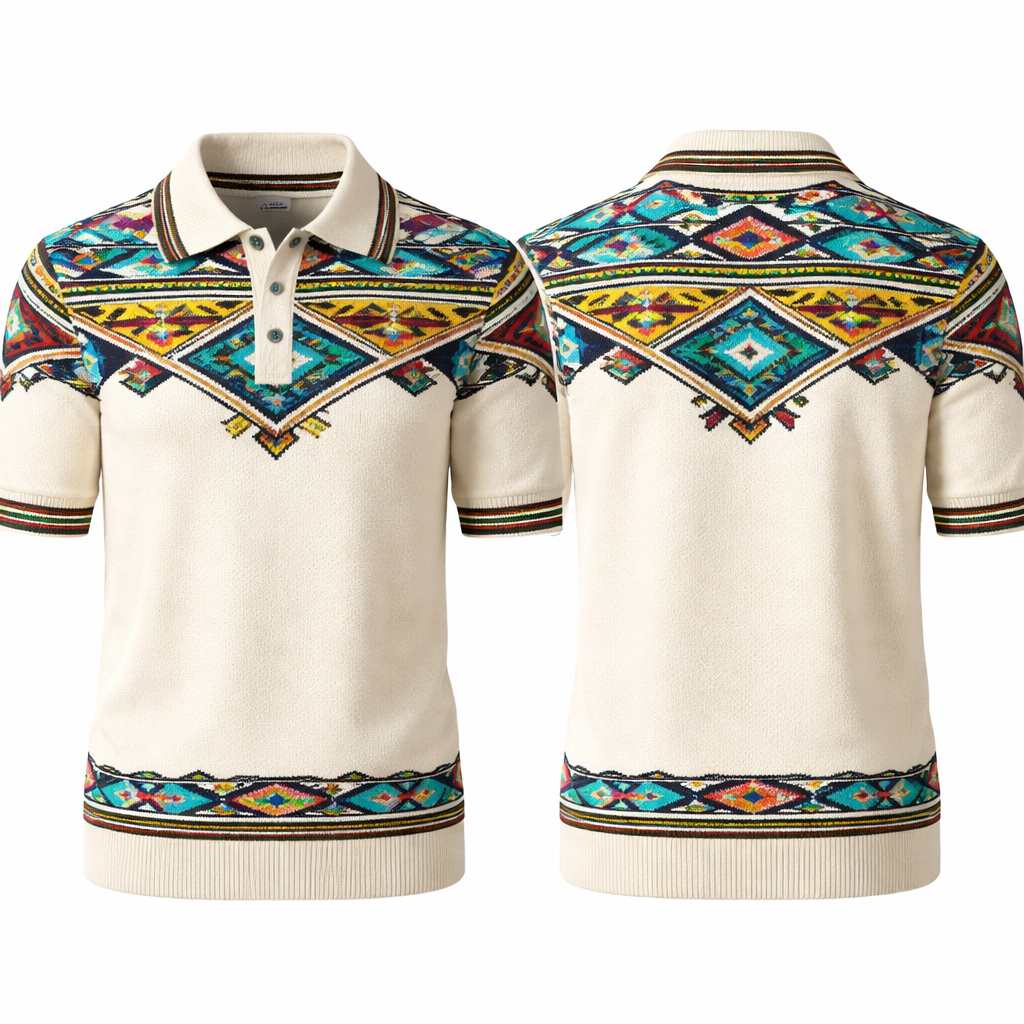 Knitted polo shirt ith Ndebele prints
Knitted polo shirt ith Ndebele prints
, elegant style, show front and back