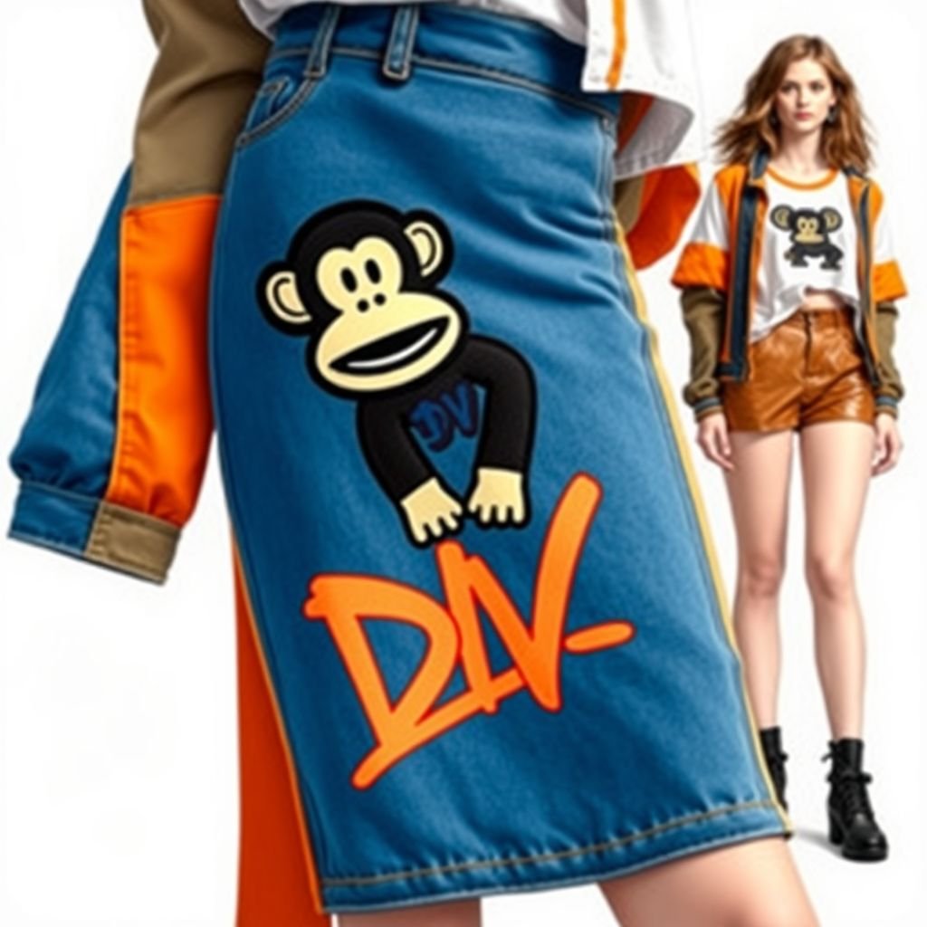 Do a collab with my brand “Da’Vine” or “DV” and “Paul frank” with the monkey symbol. Create a Maxi denim skirt and create a design for the collab on it! With “DV” somewhere on it. Make it orange and blue. With a matching Cropped shirt with a white tee under it
Design a bold streetwear collection featuring a Maxi denim skirt adorned with vibrant orange and blue panels, showcasing the playful Paul Frank monkey symbol and “DV” embroidered in graffiti-style. Pair it with a matching cropped shirt layered over a classic white tee, integrating urban elements for an edgy, youthful vibe.