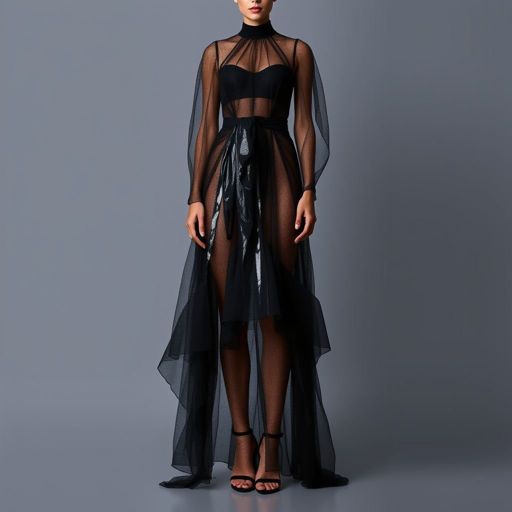 black wet dry mesh long dress tube top style
Envision a stunning black wet-dry mesh long dress featuring a sleek tube top design. The cascading layers of mesh create a seductive silhouette, while iridescent accents catch the light, giving a hint of allure. Perfect for a night out, this avant-garde piece pairs effortlessly with bold statement accessories and strappy stilettos.