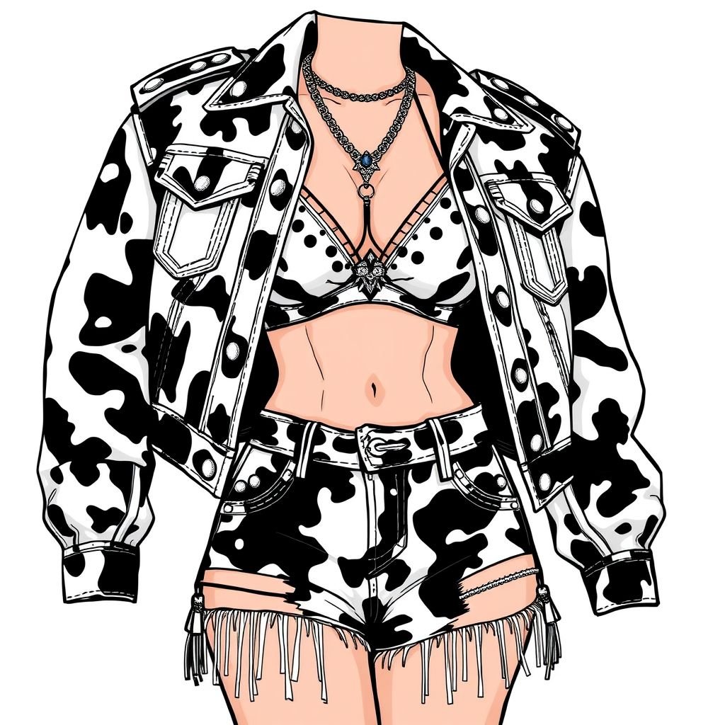 Cowboy Carter inspired jacket, shorts and bralette made with white and black cowhide print denim fabric. With fringes and stones. Make it similar to Beyonce's tour outfits for her country music. Add cutouts to the pockets of the shorts with fringes trims. Also make the cowhide prints larger with more white patches. Create a version with shoulder pads for the jacket, a little more structure. Make shorts match the top in style
Design a bold streetwear look featuring a Cowboy Carter-inspired jacket, bralette, and shorts crafted from oversized black and white cowhide print denim. Elevate the ensemble with structured shoulder pads on the jacket, eye-catching cutouts on the shorts adorned with fringes and stone embellishments. Channel Beyoncé’s touring vibe with oversized cowhide patterns for a fierce, modern edge.