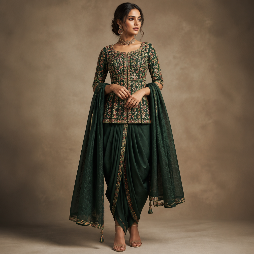 A Female fashion design. Give bottle green colour dhoti and bottle green colour choli top heavily embroidered in multicolour threadwork and give crushed silk bottle green dupatta handheld on the elbow on both sides by the model. Design with modest coverage.
photorealistic fashion design, A Female fashion design. Give bottle green colour dhoti and bottle green colour choli top heavily embroidered in multicolour threadwork and give crushed silk bottle green dupatta handheld on the elbow on both sides by the model. Design with modest coverage., just the design no text