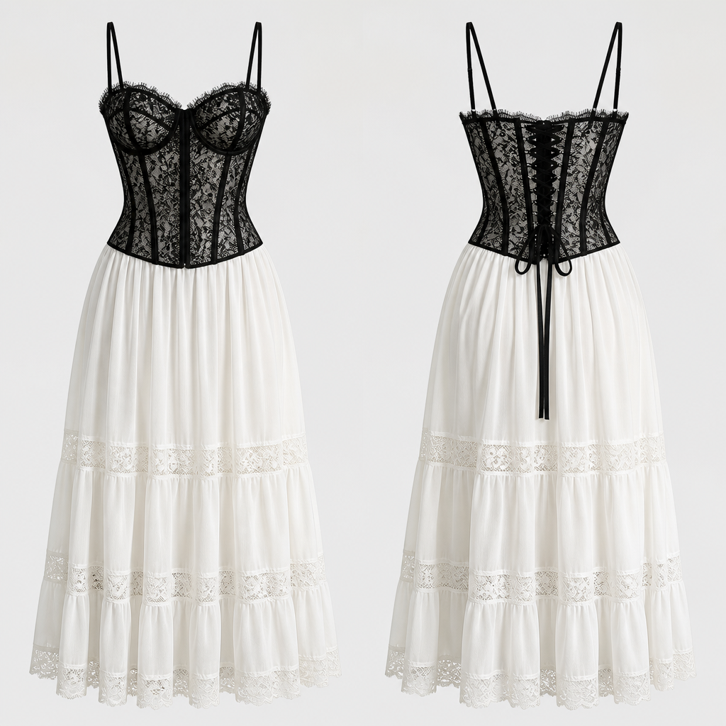 A Female Dress design, suitable for Summer. сделай корсет черным , кружево, оставь белым. Russia fashion aesthetics.
photorealistic fashion design, A Female Dress design, suitable for Summer. сделай корсет черным , кружево, оставь белым. Russia fashion aesthetics., just the design no text, show front and back