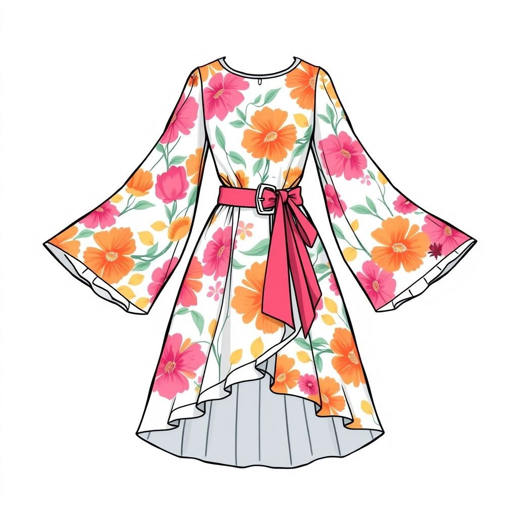 Long sleeves with bright colors for day dress
Design a playful day dress featuring long, billowing sleeves adorned with vibrant, abstract floral patterns. The bodice cinches at the waist with a wide belt in a contrasting color, while the flowing skirt falls just above the knees. Complete the look with a unique asymmetric hem and delicate ruffle details.