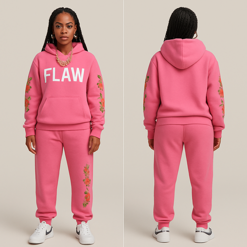A pink jogging suit with the word FLAW on the hoodie and the jogging pants with flowers as a design flowers on the hoodie sleeves a gold chain and gold hoop earrings and Nike shoes and  box braids 