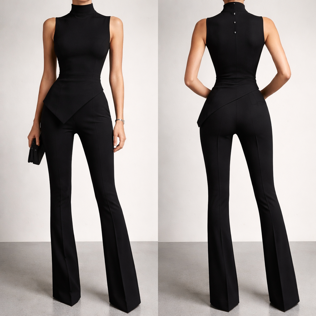 Black Japanese two piece set. small turtle neck for top with the back that has 4 black buttons only where turtle neck is that create a tight chic look. Top is sleeveless and hugs the small waist. Top is not cropped and has length. Bottom of top is diagonal creating a unique look. Pants tight tight fitted and have slight flare at bottom
Black Japanese two piece set. small turtle neck for top with the back that has 4 black buttons only where turtle neck is that create a tight chic look. Top is sleeveless and hugs the small waist. Top is not cropped and has length. Bottom of top is diagonal creating a unique look. Pants tight tight fitted and have slight flare at bottom, business style, show front and back