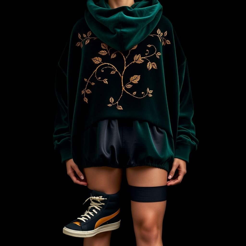 Dark emerald green hoodie wit 2 black boxers on it
Imagine a luxurious dark emerald green oversized hoodie, crafted from sumptuous velvet. It features two sleek black satin boxers layered stylishly, peeking out from the hem. The intricate gold embroidery entwines nature motifs like vines and leaves, adding an elegant touch. Complete the look with matching high-top sneakers and bold gold accessories.