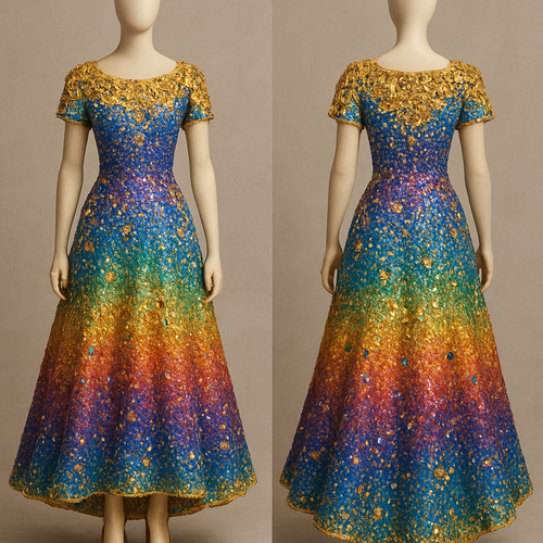 Address may have golden silk and beautiful roses. The dress is covered and pieces of gold and rare diamonds of all colors. It is rainbow and blue and pink and red and orange and yellow and green and blue and purple, all into one and combined with a gold touch and finish. This dress looks like a piece. A rainbow it’s like you poured a bunch of rainbow colors on a dress with silk and gold finishes on a mannequin with shoes made out of solid gold and a little bit of a color bow to match