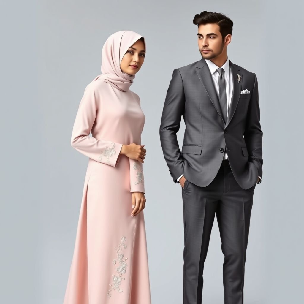 Couple outfits She: A blush-pink abaya, the silhouette streamlined. Adorned with delicate silver thread, the embroidery a modern floral motif. Placement: sleeves and hem, for understated elegance. He: A tailored gray suit, the cut contemporary. Embellished with subtle silver embroidery, mirroring her design on the lapel.
Couple outfits: She sports a blush-pink abaya with a sleek, streamlined silhouette, delicately embroidered in modern floral motifs of silver thread on the sleeves and hem, radiating understated elegance. He complements her in a contemporary tailored gray suit, featuring sharp lines and subtle silver embroidery along the lapel, creating harmonious unity.