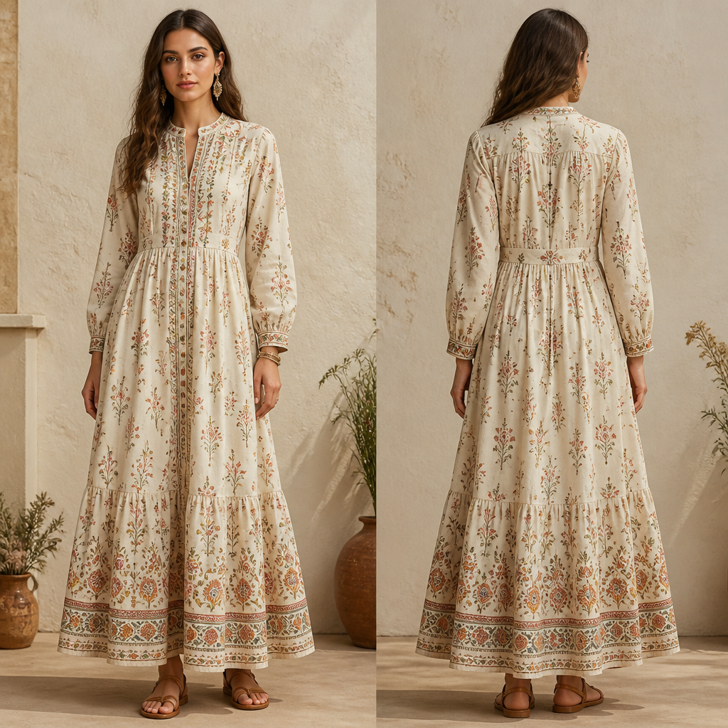 A Dress design, made of Cotton, with modest, full coverage: longer hemlines, higher necklines and covered shoulders, suitable for Spring, in Bohemian + Ethnic style Present it as professional fashion catalogue photography: the garment is the subject, shown full-length with editorial styling, neutral posing and tasteful, non-suggestive framing.
photorealistic fashion design, A Dress design, made of Cotton, with modest, full coverage: longer hemlines, higher necklines and covered shoulders, suitable for Spring, in Bohemian + Ethnic style Present it as professional fashion catalogue photography: the garment is the subject, shown full-length with editorial styling, neutral posing and tasteful, non-suggestive framing., bohemian style, just the design no text, show front and back
