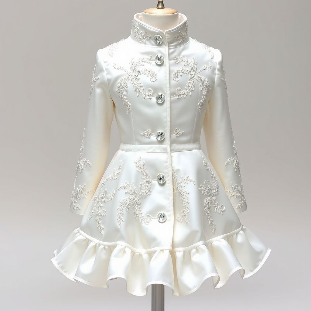 A short white coat with layered princess extension for kids Get rid of the shoulder extensions
Design a glamorous short white coat for kids, featuring an elegant layered princess-style extension cascading from the waist. The luxurious fabric shimmers with a subtle sheen, adorned with delicate silver embroidery. The coat includes a chic, high collar and playful ruffles at the hem, ensuring every little fashionista stands out in opulence.