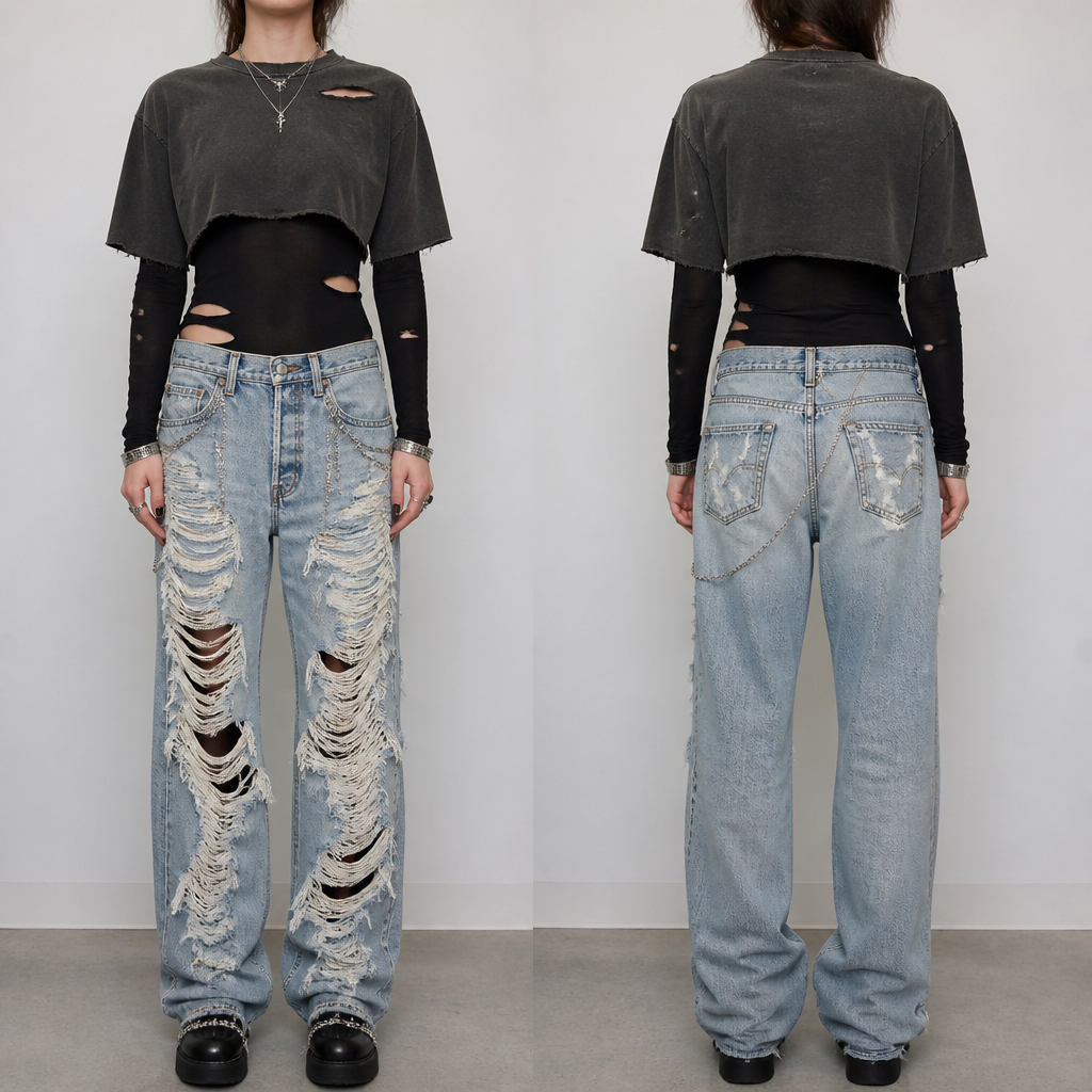 Levi 501 that are very distressed, long ripped black under crop top with a cropped grungy nirvana shirt layered on top, chain and rhinestone accessories
photorealistic fashion design, Levi 501 that are very distressed, long ripped black under crop top with a cropped grungy nirvana shirt layered on top, chain and rhinestone accessories , nineties style, just the design no text, show front and back