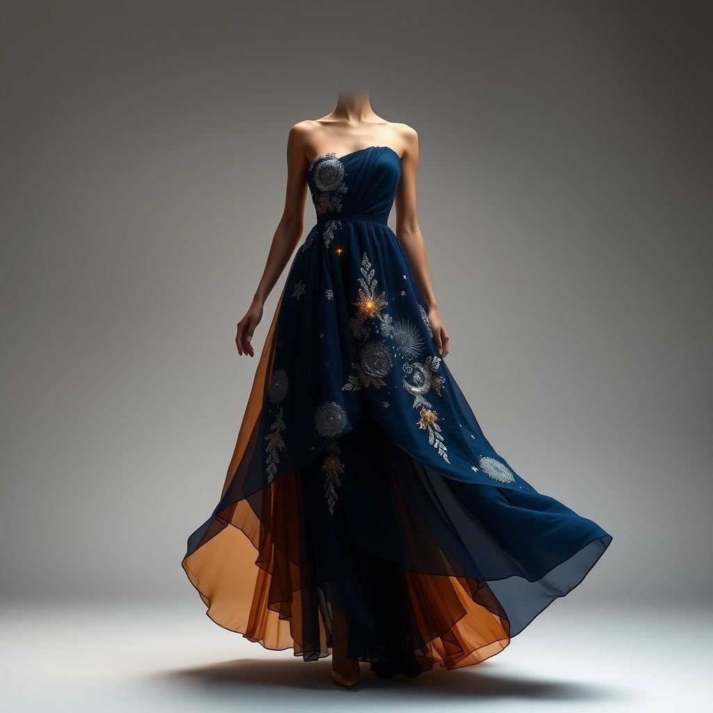 A dress with the moon on one side and the sun on the other should have a moon side and a glittery side with the sun side, which is bright like the sun but incredibly eye-catching, like glass
Design a stunning asymmetrical dress embodying celestial duality: the moon side in deep indigo chiffon, adorned with silver embroidery that mimics craters, contrasting the sun side in radiant amber organza, glittering as if kissed by starlight. This eye-catching ensemble flows gracefully, merging day and night in a magical tapestry of light.