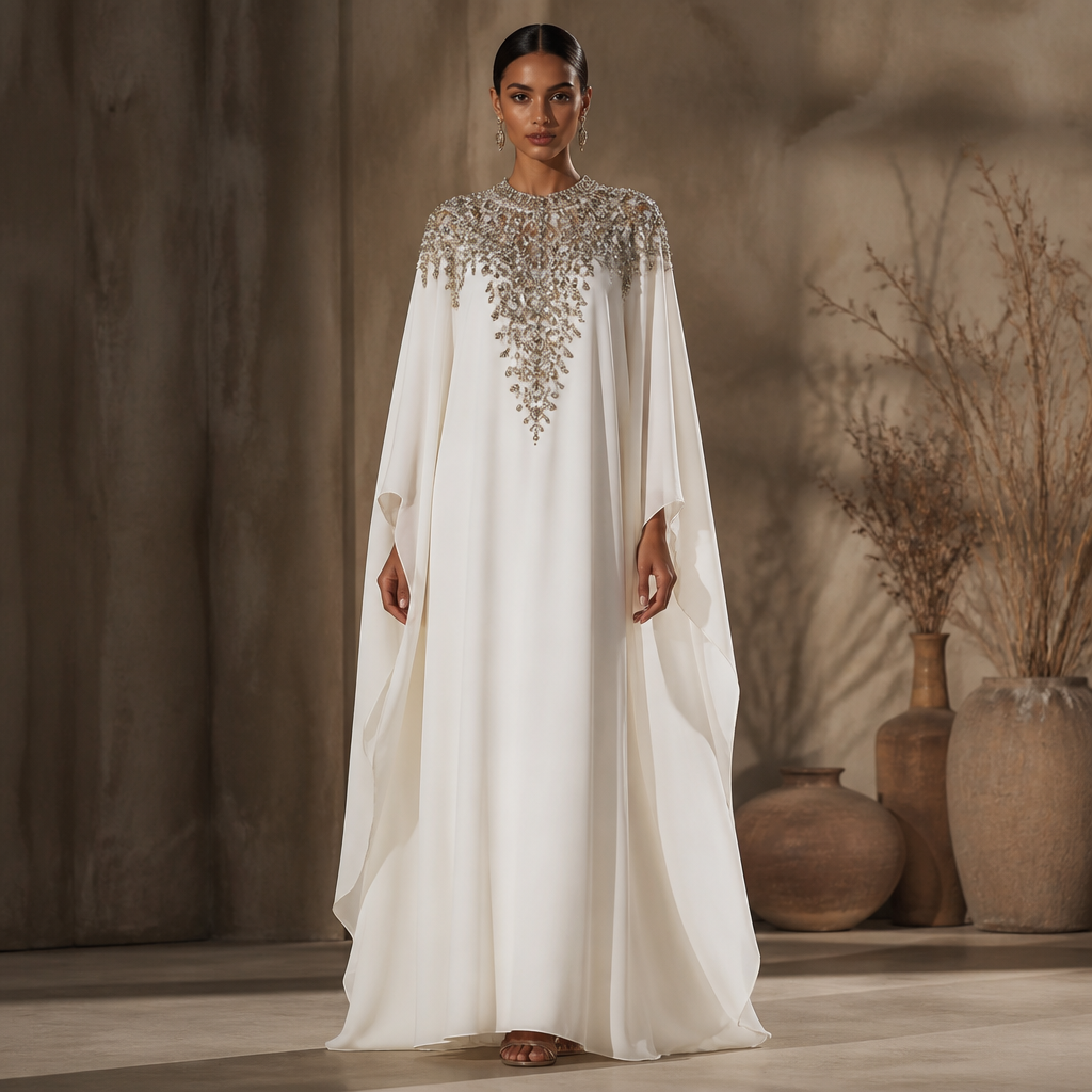 A Female Kaftan design, made of Chiffon, with a soft, cosy hand, with a Relaxed silhouette, with modest, full coverage: longer hemlines, higher necklines and covered shoulders, in a Jewel Tones color palette, for Party, suitable for Fall, suited to a Temperate climate, shown on a model with brown skin and a slim figure. قفطان بلون الابيض مطرز ب الجوهر من الصدر والاكتاف وينزل من الاكتاف اكستشن بلون الابيض وبكم ابيض. Egypt fashion aesthetics. Present it as professional fashion catalogue photography: the garment is the subject, shown full-length with editorial styling, neutral posing and tasteful, non-suggestive framing.
photorealistic fashion design, A Female Kaftan design, made of Chiffon, with a soft, cosy hand, with a Relaxed silhouette, with modest, full coverage: longer hemlines, higher necklines and covered shoulders, in a Jewel Tones color palette, for Party, suitable for Fall, suited to a Temperate climate, shown on a model with brown skin and a slim figure. قفطان بلون الابيض مطرز ب الجوهر من الصدر والاكتاف وينزل من الاكتاف اكستشن بلون الابيض وبكم ابيض. Egypt fashion aesthetics. Present it as professional fashion catalogue photography: the garment is the subject, shown full-length with editorial styling, neutral posing and tasteful, non-suggestive framing., just the design no text