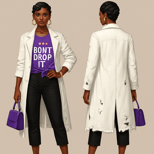 Black woman 
Finger waves
purple shirt tied to the side white around the collar with don’t drop it 👑 on the front
Long white jacket ripped 
Black capri pants 
Gold jewelry 
White heels 
Purple hand bag 


