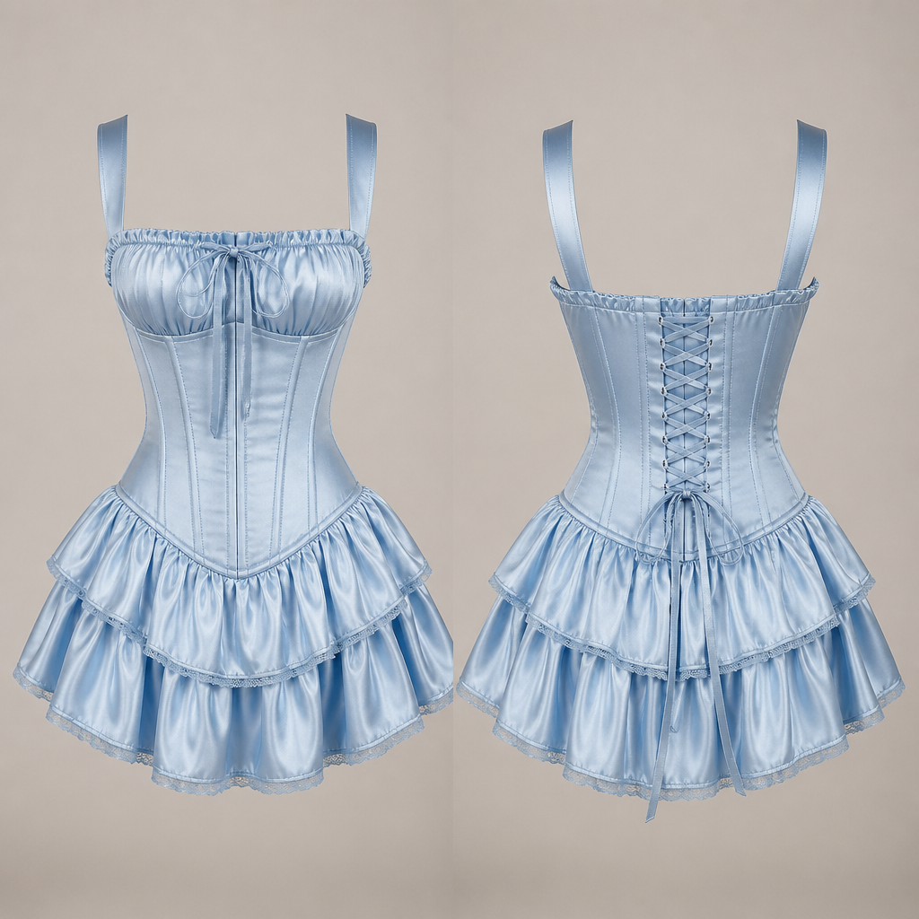 A light blue satin dress with a lined corset like bodice, with a drawstring casing at the top bust with thick straps , a ruffled layered short skirt
photorealistic fashion design, A light blue satin dress with a lined corset like bodice, with a drawstring casing at the top bust with thick straps , a ruffled layered short skirt
, vintage style, just the design no text, show front and back