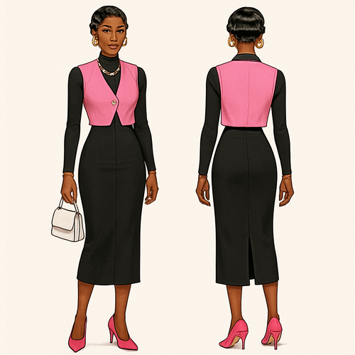Black woman 
Finger waves 
Long tight collared black dress 
Pink vest with a pearl as a button 
White purse 
Pink heels 
gold jewelry 
Clear lipgloss