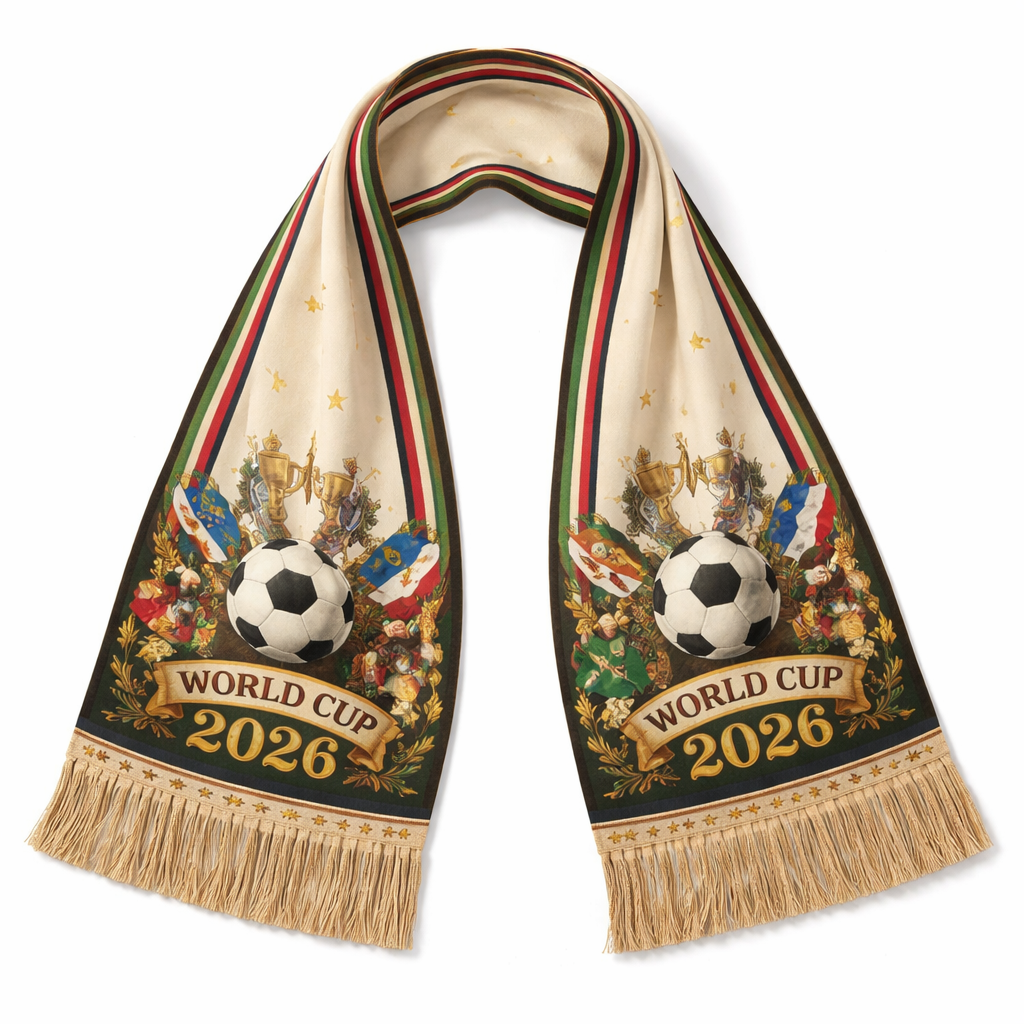Design a silk scarf that is 5x86cm that is generic for the World Cup 2026. No logos. Heritage look
Design a silk scarf that is 5x86cm that is generic for the World Cup 2026. No logos. Heritage look
, classic style