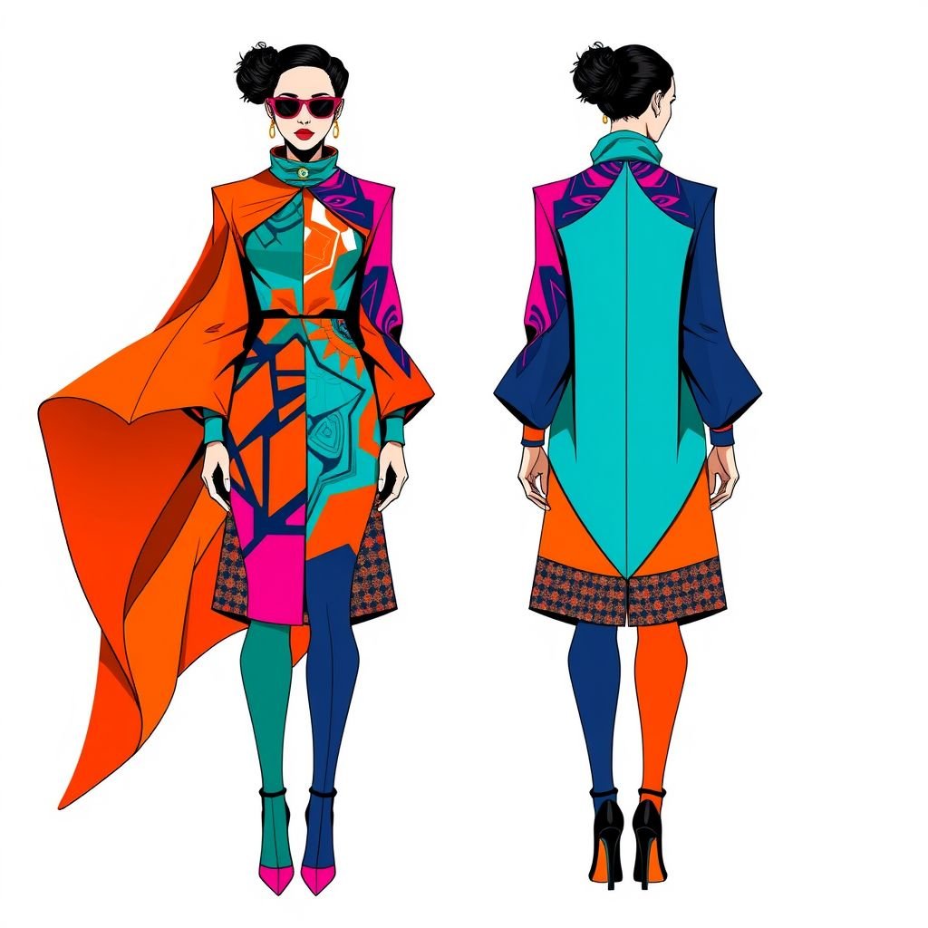 stylized female figure front and back
Design a vibrant, avant-garde ensemble featuring a stylized female figure from the front and back. Embrace a fusion of geometric patterns and bold hues, with oversized asymmetrical sleeves and a flowing cape that drapes elegantly. Incorporate intricate details like layered textures and whimsical accessories, celebrating individuality and dynamic movement in fashion.