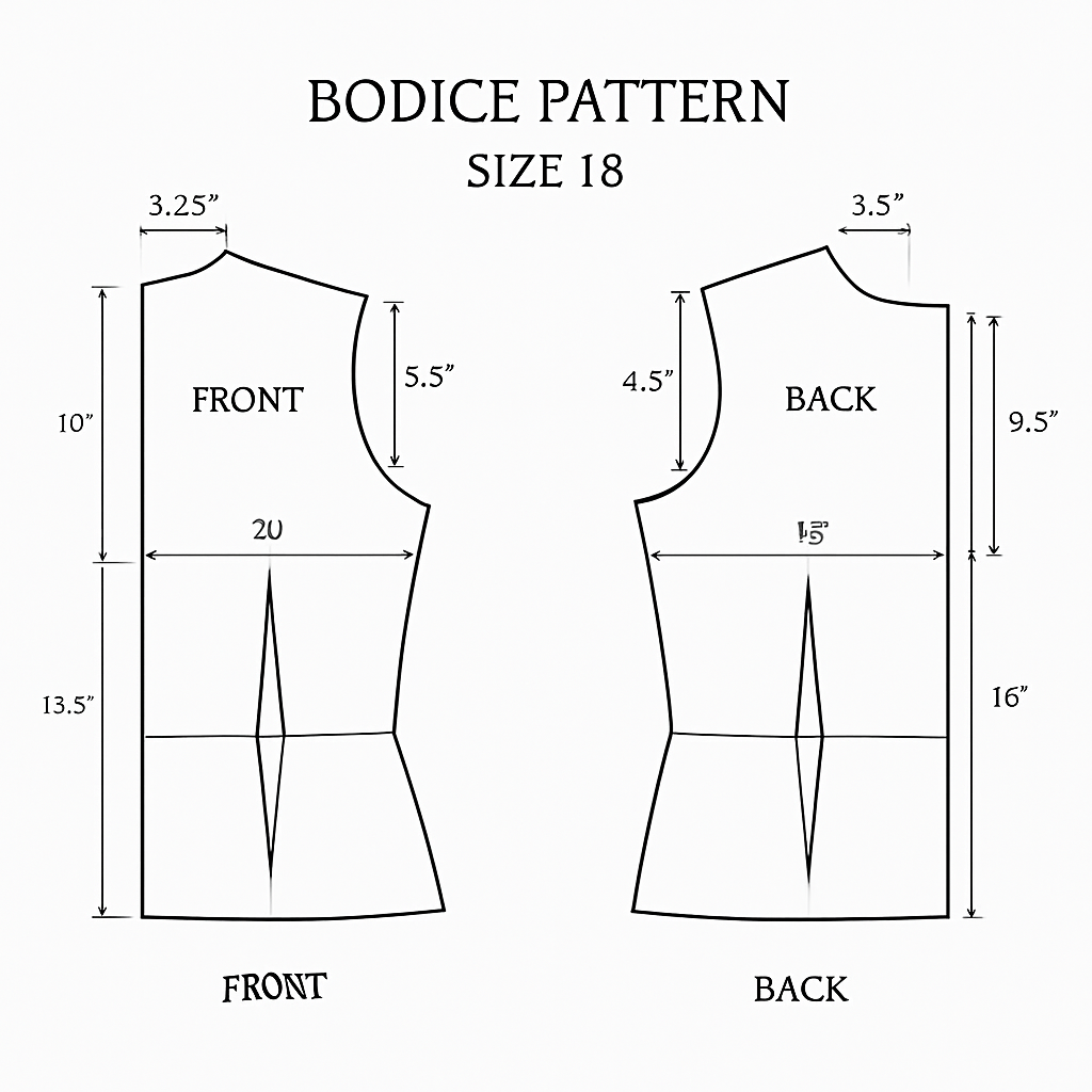 Create a bodice pattern drafting for size 18 with measurements around the draft
Create a bodice pattern drafting for size 18 with measurements around the draft, show front and back