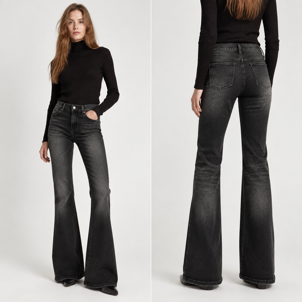 A Female Pants design. dzwony czarne trochę wytarte na udach kolanach i łydce. Poland fashion aesthetics. Present it as professional fashion catalogue photography: the garment is the subject, shown full-length with editorial styling, neutral posing and tasteful, non-suggestive framing.
photorealistic fashion design, A Female Pants design. dzwony czarne trochę wytarte na udach kolanach i łydce. Poland fashion aesthetics. Present it as professional fashion catalogue photography: the garment is the subject, shown full-length with editorial styling, neutral posing and tasteful, non-suggestive framing., just the design no text
