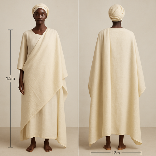 sudanese toub with dimension of 4.5 m and 1.2 m we wrap it in top of a dress and it generally a rectangular with the given dimension