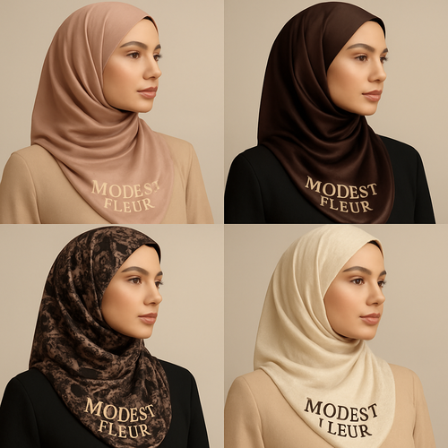 Create a revolutionary women’s modest scarve wear brand called “Modest Fleur”. Display the brand name on the  in a unique design , in small thick writing that exudes a classy and sophisticated vibe. I’d like four designs, each showcasing different styles and fabrics, with high-end, chic designs to make them truly special.