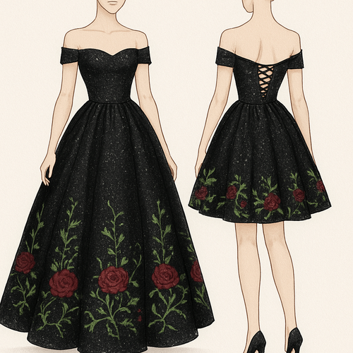 Glittery Black wedding dress with embroidered green vines and red roses at the bottom. Corset back with off the shoulder sleeves. Make the skirt detachable turning the dress into a shorter dress.