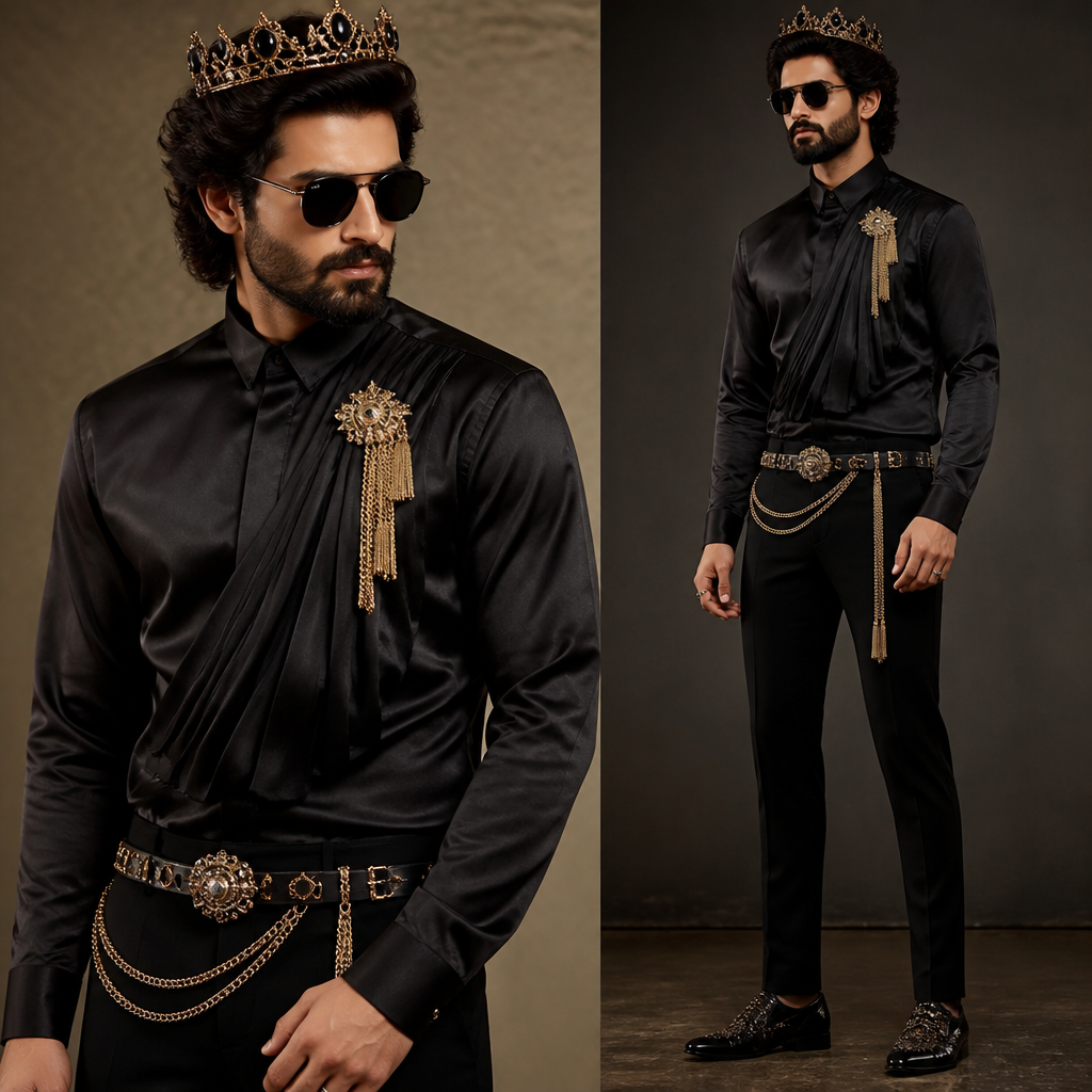 A Male Dress design, suitable for Fall. Black silky shirt and tight trousers with black sunglasses, gold tassels brooch, waist chain tassels, belts, gold crown, rings, black crystal shoes. India fashion aesthetics.
photorealistic fashion design, A Male Dress design, suitable for Fall. Black silky shirt and tight trousers with black sunglasses, gold tassels brooch, waist chain tassels, belts, gold crown, rings, black crystal shoes. India fashion aesthetics., just the design no text