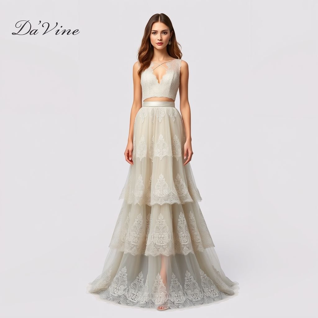 Create me a fashion set with a top and skirt with lace and eyelets. I want the skirt triple layered. It needs to be a maxi, modest and covered. Unqiue, runway or causal. No nakedness. Put “Da’Vine” on the screen somewhere.
Design a stunning glamorous fashion set featuring a triple-layered, floor-length maxi skirt adorned with intricate lace and shimmering eyelets, exuding sophistication. Pair it with a delicately fitted lace top that captures elegance, ensuring modest coverage. Infuse runway-worthy flair while keeping it casual chic. Feature "Da’Vine" in an elegant font for an exquisite touch.