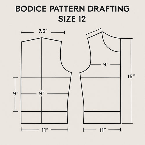 Create a bodice pattern drafting for size12 with measurements around the draft
