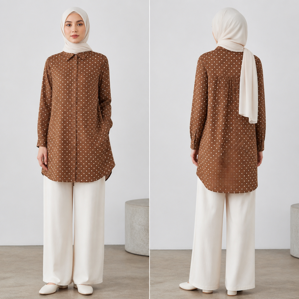 For a hijabi, a long brown shirt with long sleeves with white dots, a long pants white
photorealistic fashion design, For a hijabi, a long brown shirt with long sleeves with white dots, a long pants white, casual style, just the design no text, show front and back