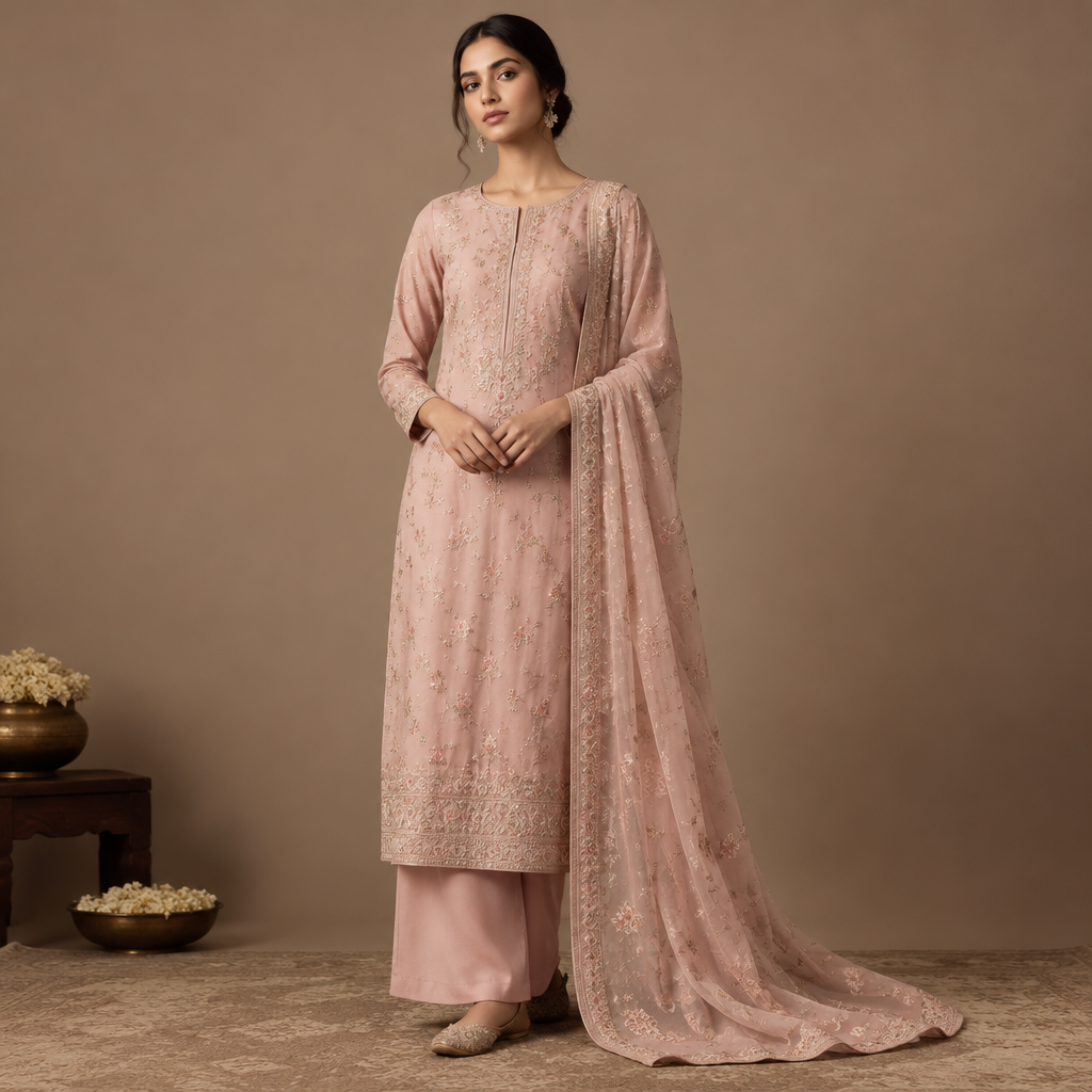 This is the reference image and the this is the reference image of a kurta and the bottom is of the same color but a solid solid and petta is in the same design almost , but a shiphon , the petta , you can see , I want a simple minimalistic effect , look with this so that it look , classy , premium and elegant. India fashion aesthetics. Present it as professional fashion catalogue photography: the garment is the subject, shown full-length with editorial styling, neutral posing and tasteful, non-suggestive framing.
photorealistic fashion design, This is the reference image and the this is the reference image of a kurta and the bottom is of the same color but a solid solid and petta is in the same design almost , but a shiphon , the petta , you can see , I want a simple minimalistic effect , look with this so that it look , classy , premium and elegant. India fashion aesthetics. Present it as professional fashion catalogue photography: the garment is the subject, shown full-length with editorial styling, neutral posing and tasteful, non-suggestive framing., just the design no text