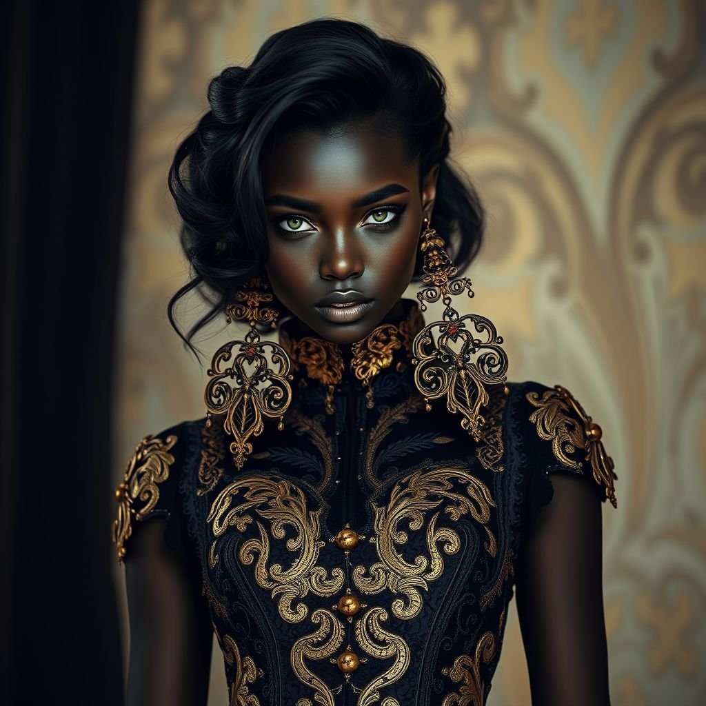 Create a top model girl with black skin and green eyes, with a baroque brocade corset with outstanding golden texture and oversized baroque style earrings, the whole style looks like avant-garde haute couture.
Design a striking top model girl with deep black skin and mesmerizing green eyes, adorned in a dramatic baroque brocade corset, featuring intricate Gothic lace detailing and standout golden textures. Pair with oversized, ornate baroque earrings, creating an avant-garde haute couture look that embodies dark elegance, mystery, and theatrical flair.